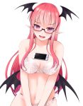  1girl bespectacled blush bra glasses head_wings koakuma long_hair looking_at_viewer open_mouth panties pointy_ears red-framed_eyewear red_eyes redhead simple_background smile solo tawawa_challenge touhou translation_request underwear underwear_only v_arms white_background white_bra white_panties yumi_(careca398) 