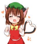  1girl ^_^ animal_ears bonnet bow bowtie brown_hair cat_ears cat_tail chen clenched_hands closed_eyes commentary eyebrows eyebrows_visible_through_hair facing_viewer fang frilled_hat frills green_hat hat heart heart_tail jewelry long_sleeves open_mouth paw_print red_skirt red_vest shirt short_hair single_earring skirt smile solo suwa_yasai tail touhou white_background white_shirt yellow_bow yellow_bowtie 