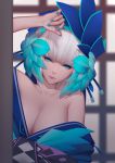  1girl aqua_eyes bangs bare_shoulders blunt_bangs breasts cleavage collarbone face flower hair_flower hair_ornament highres japanese_clothes kimono large_breasts lips looking_at_viewer maredoro nail_polish off_shoulder onmyoji onmyouji solo upper_body white_hair 