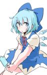 1girl blue_eyes blue_hair blush bow cirno collared_shirt dress eating hair_bow highres ice ice_wings looking_at_viewer popsicle shirt short_hair sitting solo touhou wings zk_(zk_gundan) 