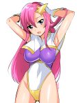  1girl :d arm_behind_head armpits arms_up artist_name blue_eyes blush breasts capelet covered_navel gloves gundam gundam_seed gundam_seed_destiny hair_ornament highleg highleg_leotard impossible_clothes large_breasts leotard long_hair looking_at_viewer meer_campbell open_mouth pink_hair saikawa_yusa shiny shiny_clothes shiny_hair simple_background skin_tight smile solo star star_hair_ornament white_background 