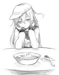  1girl anchor_symbol blush chin_rest facing_viewer food gou_(double_trigger) hair_between_eyes hammer_and_sickle hands_on_own_cheeks hands_on_own_face hat head_tilt hibiki_(kantai_collection) kantai_collection long_hair looking_at_viewer monochrome open_mouth school_uniform simple_background sitting sketch solo spoon uniform verniy_(kantai_collection) white_background 