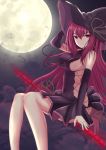  1girl breasts detached_sleeves fate/grand_order fate_(series) flying full_moon gae_bolg hat highres kesoshirou long_hair looking_at_viewer moon purple_hair scathach_(fate/grand_order) sideboob sitting smile solo witch_hat 