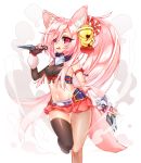  1girl animal_ears fang fox_ears fox_tail hair_ornament inuue_kiyu kunai navel ninja open_mouth original pink_eyes pink_hair ponytail skirt smile tail thigh-highs weapon 