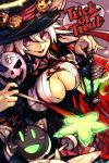  1girl cleavage_cutout guilty_gear guilty_gear_xrd hankuri hat jack-o_(guilty_gear) lantern mask mask_removed multicolored_hair pink_eyes redhead trick_or_treat two-tone_hair white_hair witch_hat 
