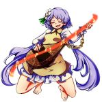  1girl :d baba_(baba_seimaijo) barefoot biwa_lute breasts chain closed_eyes closed_mouth dress flower full_body hair_flower hair_ornament highres instrument kneeling long_hair long_sleeves low_twintails lute_(instrument) music open_mouth playing_instrument purple_hair small_breasts smile solo touhou tsukumo_benben twintails very_long_hair white_background 