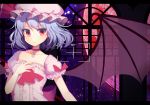 &gt;:/ 1girl adapted_costume ascot bat_wings blue_hair blush bow choker closed_mouth collarbone dress frilled_dress frilled_sleeves frills full_moon hat hat_ribbon koto_seori letterboxed looking_at_viewer mob_cap moon night night_sky pink_dress puffy_short_sleeves puffy_sleeves red_bow red_eyes red_moon red_ribbon remilia_scarlet ribbon short_hair short_sleeves sky solo star_(sky) starry_sky touhou upper_body window wings 