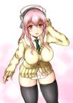  1girl blush breasts headphones highres kintsuba large_breasts long_hair looking_at_viewer necktie nitroplus open_mouth pink_eyes pink_hair skindentation smile solo super_sonico thigh-highs 