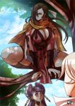  blush breasts brown_eyes brown_hair cleavage fire_emblem fire_emblem_if hair_over_one_eye heart heart-shaped_pupils in_tree jadenkaiba kagerou_(fire_emblem_if) large_breasts long_hair multiple_girls my_unit_(fire_emblem_if) ninja orochi_(fire_emblem_if) ponytail scarf symbol-shaped_pupils tree 