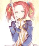  1girl blush crying eleanor_hume gloves green_eyes long_hair polearm redhead solo spear tales_of_(series) tales_of_berseria twintails upper_body weapon 