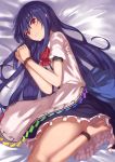  1girl bare_legs bed bed_sheet bent_knees black_skirt blue_hair bound bound_ankles bound_wrists clenched_hands hinanawi_tenshi ibuki_notsu long_hair looking_at_viewer lying on_side red_eyes restrained scared shirt skirt skirt_set soles tears toes touhou white_shirt 