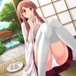  1girl bridge brown_hair dutch_angle food food_on_face hakama holding holding_food japanese_clothes knees_together_feet_apart miko onigiri original panties pantyshot pantyshot_(sitting) plate pond red_eyes rock sakura_chiyo_(konachi000) short_hair_with_long_locks sitting sliding_doors solo thigh-highs tree underwear water white_legwear white_panties wooden_floor 