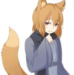  1girl animal_ears bangs catmouth character_request fox_ears fox_tail japanese_clothes long_hair looking_at_viewer scarf simple_background smile solo tail violet_eyes white_background 