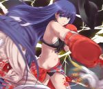  1boy 1girl assassin_(fate/stay_night) bikini black_bikini blood blue_eyes boxing_gloves breasts earrings face_punch fate/grand_order fate_(series) hat hat_removed headwear_removed hoop_earrings in_the_face jewelry large_breasts long_hair midriff navel punching purple_hair saint_martha saint_martha_(swimsuit_ruler)_(fate) sarong sideboob swimsuit tsuyadashi_shuuji 