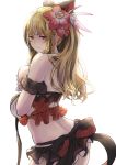  1girl bare_shoulders black_ribbon black_skirt blonde_hair blush breast_hold breasts flower from_behind granblue_fantasy hair_between_eyes hibiscus large_breasts light_smile lips long_hair looking_at_viewer midriff miniskirt off_shoulder ponytail red_eyes ribbon robo8 simple_background skirt solo vira white_background 