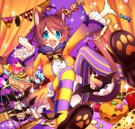  1girl :d ahoge animal_ears apple bangs basket bat bell birdcage blue_eyes blush bow bowtie breasts brown_bow brown_bowtie brown_hair brown_shoes cage candy cat_ears cat_tail clenched_hand cracker curtains dress food frilled_sleeves frills fruit hair_between_eyes halloween heart highres jack-o&#039;-lantern jingle_bell lollipop long_sleeves medium_breasts mismatched_legwear open_mouth orange_dress original outstretched_arm paw_print sakura_chiyo_(konachi000) shoes short_hair sitting smile sparkle striped striped_legwear swept_bangs tail thigh-highs vertical-striped_legwear vertical_stripes wrapped_candy 