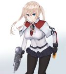  &gt;:( 1girl black_gloves black_legwear black_skirt blonde_hair blue_eyes breasts capelet closed_mouth cold_(hoshinoskull) cowboy_shot gloves graf_zeppelin_(kantai_collection) gun hair_between_eyes highres holding holding_gun holding_weapon impossible_clothes iron_cross kantai_collection large_breasts long_sleeves looking_at_viewer military military_uniform miniskirt no_hat no_headwear pantyhose pleated_skirt sidelocks skirt solo turret twintails uniform weapon 