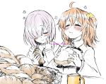  2girls blush bread closed_eyes croissant cup eating fate/grand_order fate_(series) female_protagonist_(fate/grand_order) flower food glasses hair_over_one_eye hand_on_own_cheek mug multiple_girls orange_hair purple_hair shielder_(fate/grand_order) short_hair short_ponytail side_ponytail 