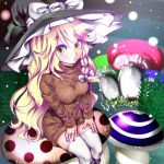  1girl alternate_costume blonde_hair bow braid breasts dress fireflies from_above hair_bow hat hat_bow kirisame_marisa kuranosuke long_sleeves looking_at_viewer looking_up medium_breasts mushroom parted_lips short_dress side_braid solo sweater sweater_dress thigh-highs touhou v_arms violet_eyes white_bow white_legwear witch_hat yellow_eyes zettai_ryouiki 
