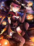  1girl absurdres alternate_costume bangle blonde_hair blue_eyes bracelet breasts cape cleavage crescent_moon earrings elbow_gloves eyelashes eyeshadow gloves halloween_costume hat highres huge_filesize invidiata jack-o&#039;-lantern_earrings jewelry large_breasts looking_at_viewer makeup mechanical_wings mercy_(overwatch) moon overwatch parted_lips pauldrons silk sitting smile solo spider_web wings witch witch_hat witch_mercy 