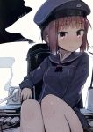  1girl 2016 auburn_hair bangs blunt_bangs blush brown_eyes clothes_writing commentary_request dated dress hat kantai_collection looking_at_viewer military military_hat military_uniform peaked_cap sailor_collar sailor_dress sailor_hat short_hair sitting solo tears torn_clothes turret uniform yopan_danshaku z3_max_schultz_(kantai_collection) 
