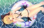  1girl ahoge artoria_pendragon_(all) bakanoe bikini blonde_hair breasts cleavage cute fate/grand_order fate/unlimited_codes fate_(series) green_eyes highres innertube looking_up parted_lips ponytail saber saber_lily solo star_print swimsuit white_bikini 