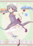  1girl adapted_costume armpits bamboo_steamer bare_shoulders bloomers breasts bun_cover china_dress chinese_clothes commentary crossover double_bun dragon_quest dress full_body grey_hair holding holding_tray iris_anemone lace lace-trimmed_thighhighs leg_ribbon looking_at_viewer mouse_tail nazrin open_mouth panda parody pelvic_curtain purple_shoes red_eyes ribbon shoes short_hair slime_(dragon_quest) small_breasts solo standing tail teeth thigh-highs touhou tray twitter_username underwear white_legwear wrist_cuffs 