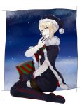  1girl black_gloves black_legwear blonde_hair boots cape fate/grand_order fate/stay_night fate_(series) gloves hat highres kurogiri looking_at_viewer pantyhose saber saber_alter santa_alter santa_hat sitting solo thigh-highs thigh_boots tongue tongue_out wariza yellow_eyes 