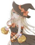  1girl blonde_hair blue_eyes candy halloween hat hiro_(hirohiro31) lollipop long_hair looking_at_viewer original simple_background solo witch_hat 