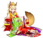  1girl :q animal_ears artist_request blonde_hair carrying character_request floral_print fox_ears fox_girl fox_tail furisode hair_ornament hair_over_shoulder hairpin high_ponytail japanese_clothes kimono long_hair long_sleeves official_art red_eyes solo tail teapot tongue tongue_out wide_sleeves youkai_hyakki-tan! 