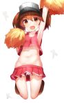  1girl :d alternate_costume arm_up armpits ass_visible_through_thighs bangs boruhis breasts brown_eyes brown_hair cheerleader eyebrows eyebrows_visible_through_hair fang jewelry jumping kantai_collection legs_up looking_at_viewer magatama miniskirt navel necklace no_bra open_mouth panties pleated_skirt pom_poms red_shirt red_skirt ryuujou_(kantai_collection) shikigami shirt sideboob simple_background skirt smile solo swept_bangs twintails underwear visor_cap white_background white_panties 