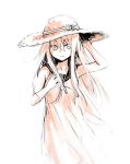  1girl alternate_costume anchor_symbol collarbone cowboy_shot gou_(double_trigger) hair_between_eyes hat hibiki_(kantai_collection) highres kantai_collection long_hair looking_away monochrome open_mouth simple_background sketch solo sun_hat wind 