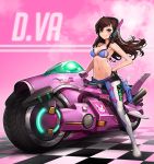  1girl adapted_costume bangs bare_shoulders black_gloves blue_bra blue_pants boots bra breasts brown_eyes brown_hair bunny_print character_name checkered checkered_floor cleavage closed_mouth clothes_removed clothes_writing d.va_(overwatch) eyelashes facial_mark floating_hair gloves glowing goomrrat groin ground_vehicle hand_on_hip headphones long_hair looking_at_viewer medium_breasts meka_(overwatch) motor_vehicle motorcycle navel no_shirt overwatch pants pink_background riding solo stomach swept_bangs thigh-highs thigh_boots underwear whisker_markings white_boots 