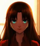  1girl absurdres artist_name black_hair blue_eyes curtains evening facing_viewer fate/stay_night fate_(series) hair_down highres indoors kaneko_xz long_hair looking_at_viewer orange_(color) red_shirt shiny shiny_hair shirt smile solo sunset toosaka_rin twilight window 