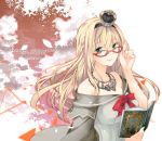  1girl adjusting_glasses aqua_eyes bare_shoulders bespectacled blonde_hair book braid breasts crown dress english eyebrows eyebrows_visible_through_hair french_braid glasses hair_between_eyes headband jewelry kantai_collection konataeru large_breasts lips long_hair looking_at_viewer mini_crown necklace reading sky smile solo warspite_(kantai_collection) 