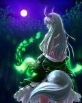  1girl artist_request bamboo bamboo_forest bare_shoulders breasts cowboy_shot dress ex-keine eyes forest from_behind full_moon glowing green_dress green_eyes hair_over_breasts highres horns kamishirasawa_keine large_breasts long_hair looking_at_viewer looking_back monster_girl moon multicolored_hair nature night night_sky off_shoulder parted_lips scroll sidelocks silver_hair sky solo tail third_eye touhou two-tone_hair yellow_eyes 