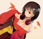  1girl autumn_leaves black_hair breasts brown_eyes cleavage closed_mouth dutch_angle hair_ornament hakama headphones headphones_around_neck highres japanese_clothes kimono leaf long_hair long_sleeves looking_at_viewer maple_leaf medium_breasts off_shoulder original solo tetsu_(countryside) wide_sleeves 