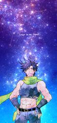  1boy akasabi129 black_hair constellation hands_on_hips jojo_no_kimyou_na_bouken joseph_joestar_(young) midriff scarf sky smile solo star_(sky) starry_sky 