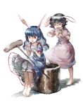  2girls animal_ears bangs barefoot black_hair bloomers blue_dress blue_hair bunny_tail carrot_necklace closed_eyes commentary_request dress ear_clip inaba_tewi kine kukkuru low_twintails multiple_girls open_mouth pink_dress puffy_short_sleeves puffy_sleeves rabbit_ears red_eyes seiran_(touhou) short_hair short_sleeves simple_background sitting smile surprised tail touhou twintails underwear white_background 