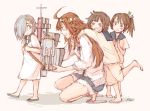  4girls =_= ahoge alternate_costume brown_eyes brown_hair commentary_request double_bun dress from_side grey_eyes grey_hair grin hair_ornament hairband hairclip hamakaze_(kantai_collection) hauza0324 helping hug hug_from_behind kantai_collection kongou_(kantai_collection) long_hair looking_at_another miyuki_(kantai_collection) multiple_girls open_mouth ponytail sailor_collar sandals shikinami_(kantai_collection) short_hair shorts simple_background smile squatting turret younger 
