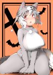  1girl animal_hat bat blush breasts claws costume fang halloween hat highres huge_breasts impossible_clothes inubashiri_momiji looking_away open_mouth red_eyes shishi_juuroku short_hair silver_hair simple_background sitting solo touhou wariza 