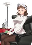  1girl alcohol bottle breasts brown_eyes brown_hair chair coffee_cup coffee_maker_(object) glasses grappa hobenkei kantai_collection lamp large_breasts legs looking_at_viewer miniskirt pantyhose pince-nez pleated_skirt ribbed_sweater roma_(kantai_collection) saucer sitting skirt solo sugar_bowl sweater thighs white_background white_sweater 
