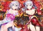  2girls bare_shoulders blue_eyes breasts cleavage floral_print groin hair_ornament hamakaze_(kantai_collection) japanese_clothes kantai_collection kashima_(kantai_collection) kimono kiseru kou_mashiro looking_at_viewer lying multiple_girls off_shoulder on_back pipe short_hair silver_hair smile twintails 