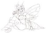  1girl antennae ass barbariank bare_shoulders beelzebub_(monster_girl_encyclopedia) boots carapace crown eating fang food food_on_face fur greyscale hair_ornament insect_girl insect_wings lineart looking_at_viewer monochrome monster_girl monster_girl_encyclopedia paws pointy_ears sandwiched simple_background sitting skull_and_crossbones skull_hair_ornament solo thigh-highs wings 