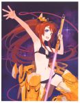  1girl absurdres arm_up armor armored_boots bikini black_bikini blue_eyes boots energy_blade floating_hair front-tie_top halter_top halterneck highres holding holding_sword holding_weapon kuroboshi_kouhaku long_hair navel open_mouth outline ponytail redhead solo space swimsuit sword weapon wire 