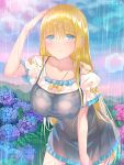  1girl black_dress blonde_hair blue_eyes blush bow breasts closed_mouth collarbone dress ebisque eyebrows eyebrows_visible_through_hair flower hair_between_eyes hand_on_own_head hexagon hydrangea large_breasts leaning_forward long_hair official_art outdoors rain shirt short_sleeves solo valhalla_valkyries very_long_hair watermark wavy_mouth white_shirt yellow_bow 