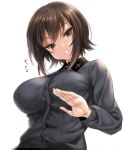  1girl blush breasts brown_eyes brown_hair cross girls_und_panzer grin impossible_clothes kure_masahiro large_breasts long_sleeves looking_at_viewer looking_down nishizumi_maho school_uniform shiny shiny_hair short_hair sidelocks simple_background smile solo translation_request white_background 
