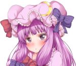  1girl :/ bangs blue_bow blunt_bangs blush bow bowtie closed_mouth crescent frills hat hat_bow long_hair looking_at_viewer mob_cap portrait purple_hair red_bow red_bowtie sidelocks solo touhou violet_eyes white_background wildcat_(kusonemi) 