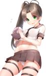  1girl ass ass_visible_through_thighs ayanami_(kantai_collection) bangs boruhis brown_hair brown_skirt commentary eyebrows eyebrows_visible_through_hair flustered from_below green_eyes hair_ribbon holding kantai_collection long_hair navel neckerchief open_mouth panties pantyshot parted_bangs pleated_skirt ribbon school_uniform see-through serafuku shirt side_ponytail simple_background skirt solo stomach sweatdrop thigh_strap underwear upshirt upskirt white_background white_panties 