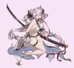  1girl alternate_costume bare_shoulders bikini blue_eyes braid breasts cleavage doraf granblue_fantasy hair_ornament hair_over_one_eye high_heels horns katana large_breasts lavender_background lavender_hair long_hair looking_at_viewer mouth_hold narumeia_(granblue_fantasy) navel pointy_ears ribbon robo8 sideboob simple_background smile solo swimsuit sword thigh_strap under_boob very_long_hair weapon white_bikini 
